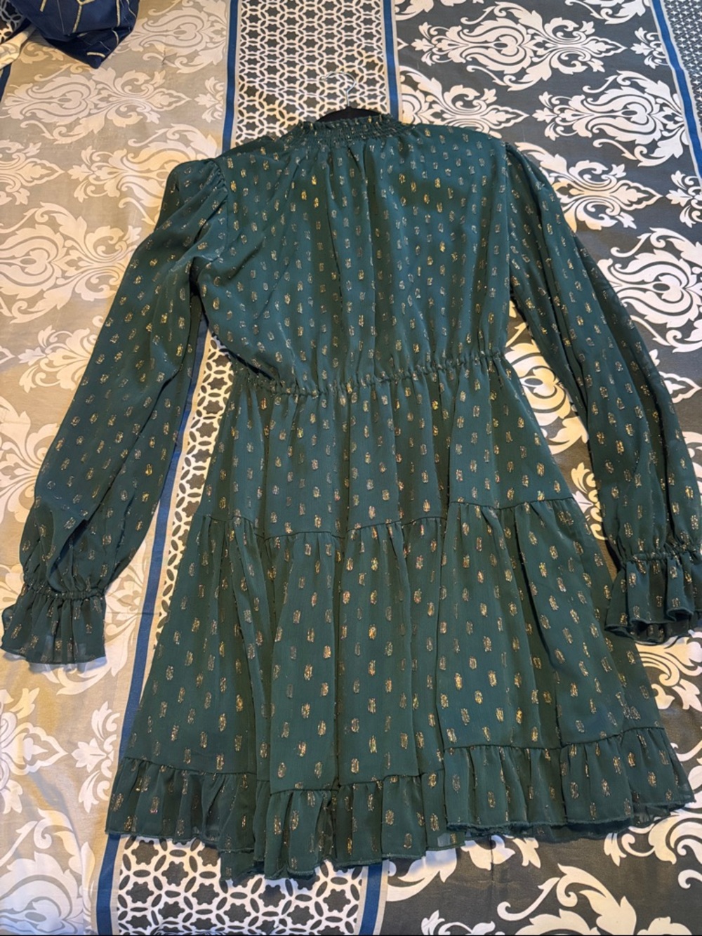 Aqua Teal Green Long Sleeve Ruffle Tiered Dress with Gold Print